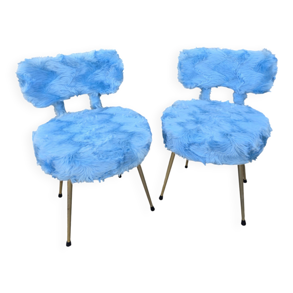paire de chaises Pelfran fausse fourrure bleue - vintage