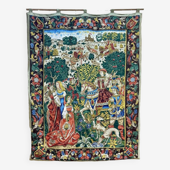 Printed tapestry and embroidery decorated with a medieval hunting scene - 1m50x1m12