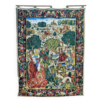 Printed tapestry and embroidery decorated with a medieval hunting scene - 1m50x1m12
