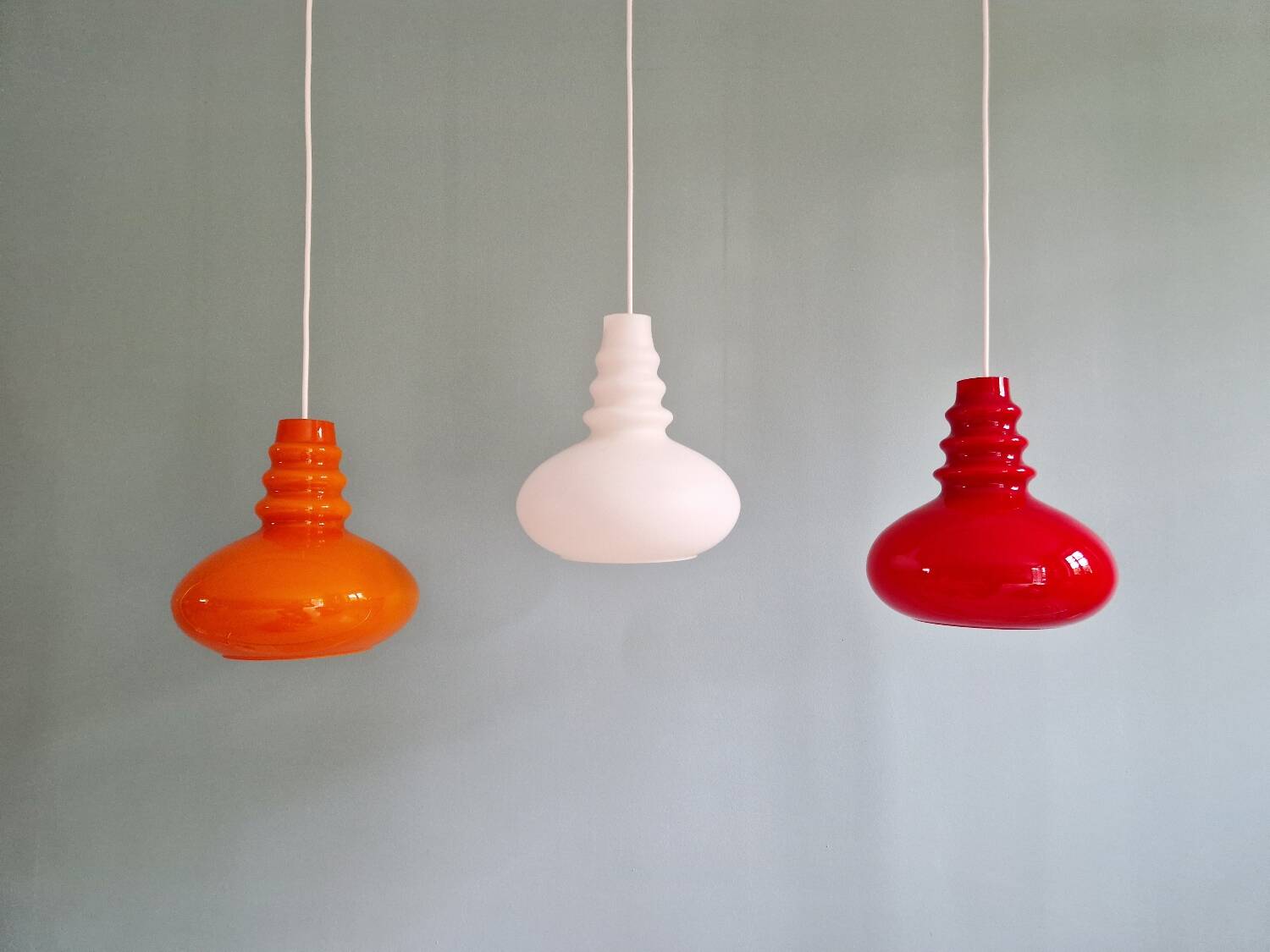 Trio of Space Age opaline pendant lights, Peill & Putzler, 1970