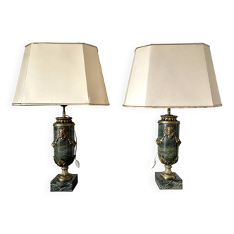 Pair of green marble and gilded bronze cassolettes