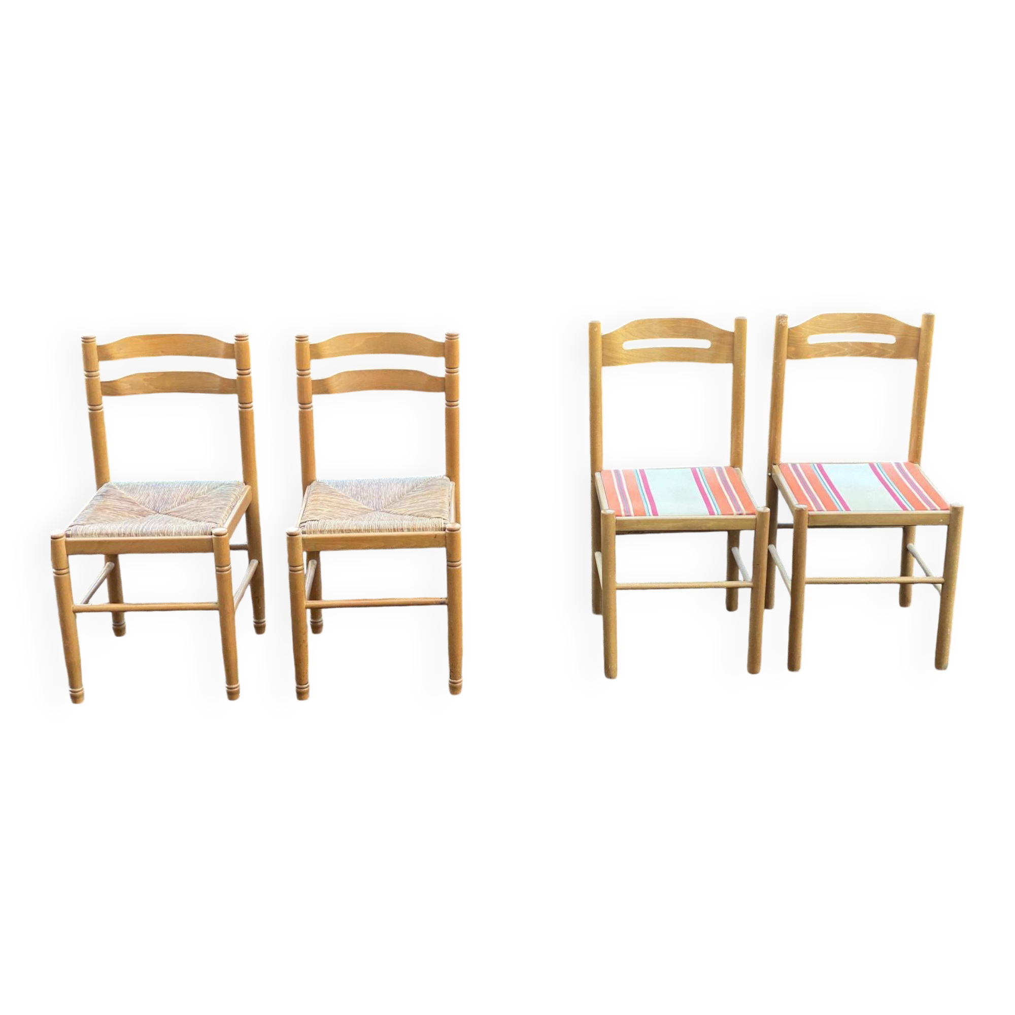 4 solid wood chairs with straw and fabric