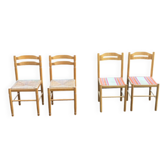 4 chaises en bois massif paille et tissu