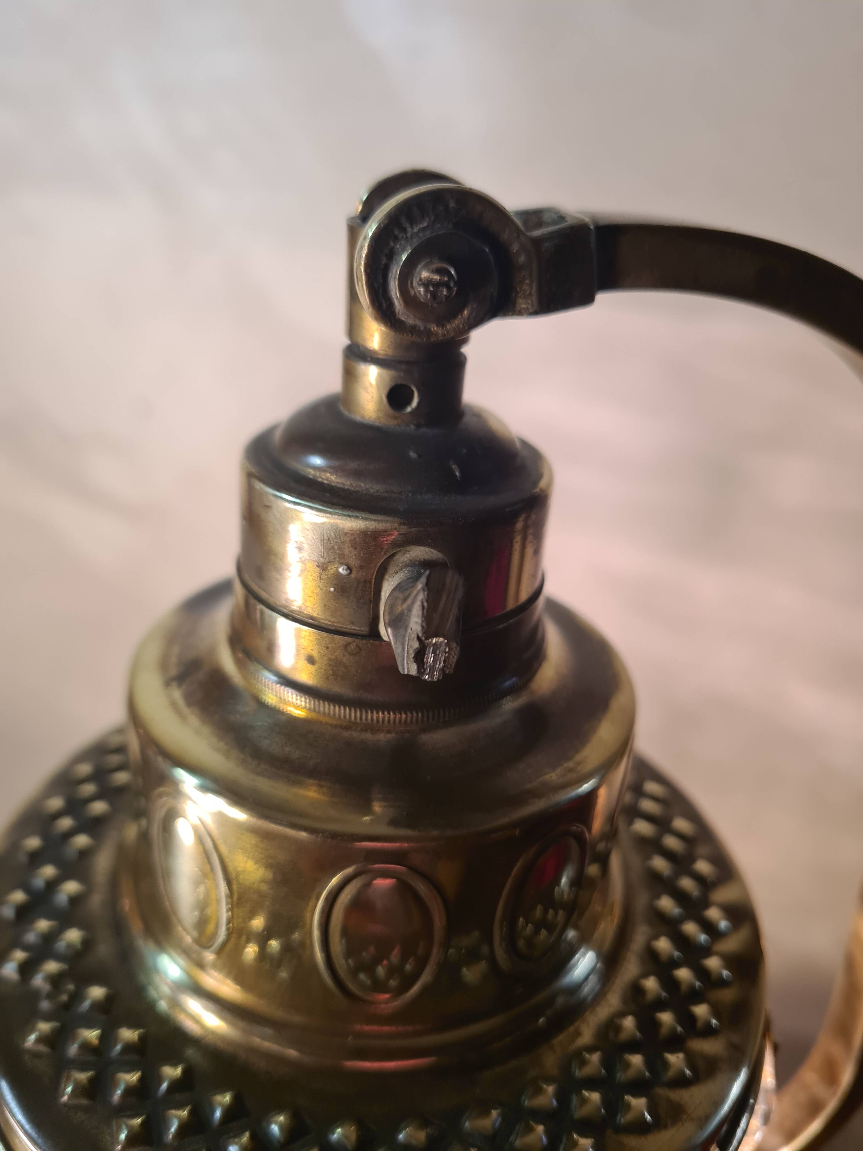 antique brass lamp with crystal pendant 33x14 slight signs of wear