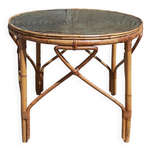 Table basse en rotin/ bambou (plateau verre)