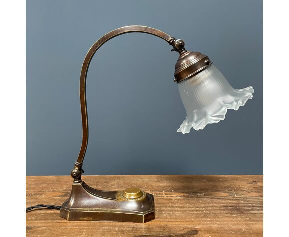 Brass Art Deco Desk Lamp With Glass Shade From The 1930s Selency Brass Art Deco Desk Lamp With Glass, Desk Lamps With Glass Shades