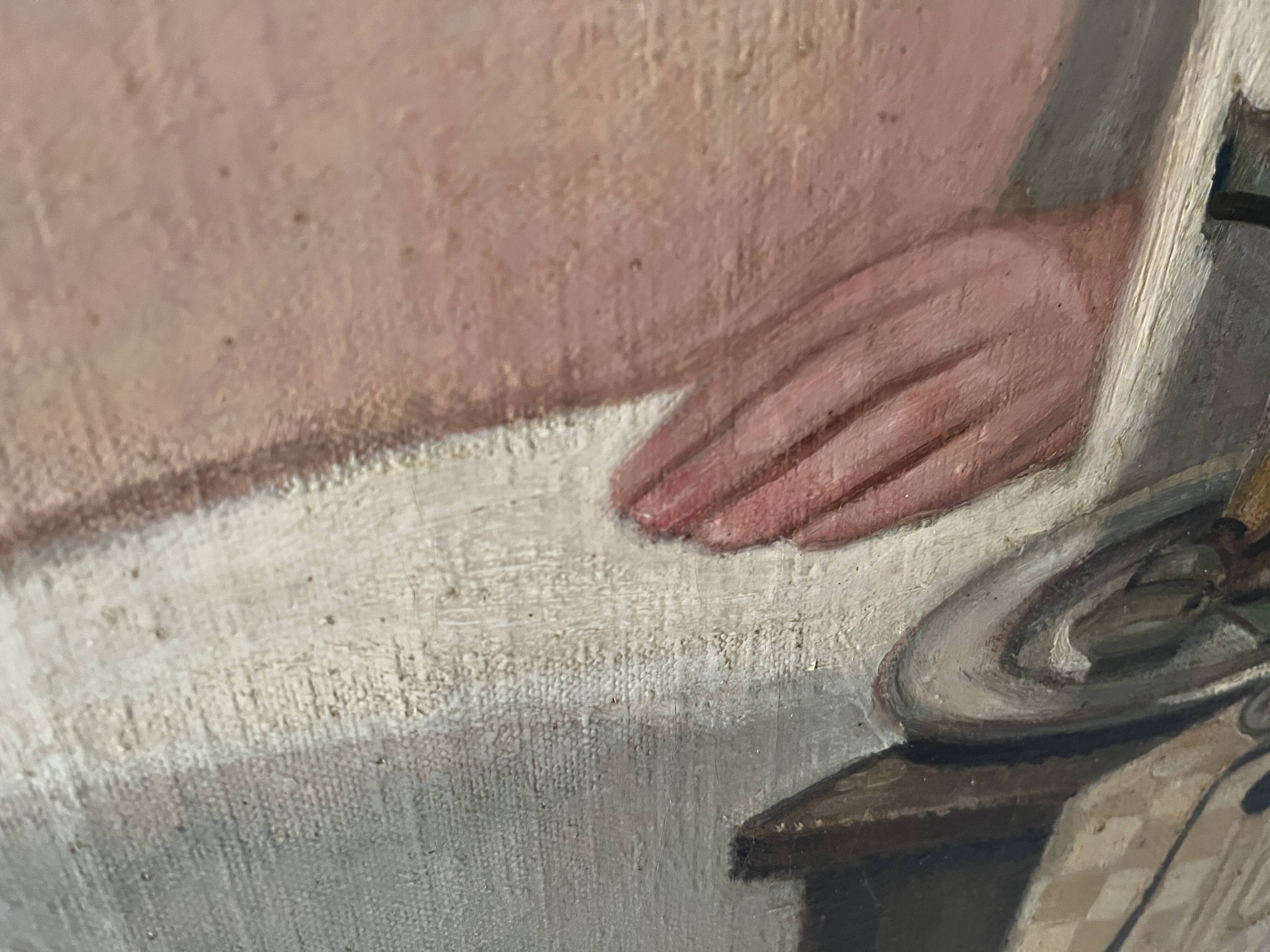 Oil painting on canvas of a nude woman in Art Deco style, old portrait.