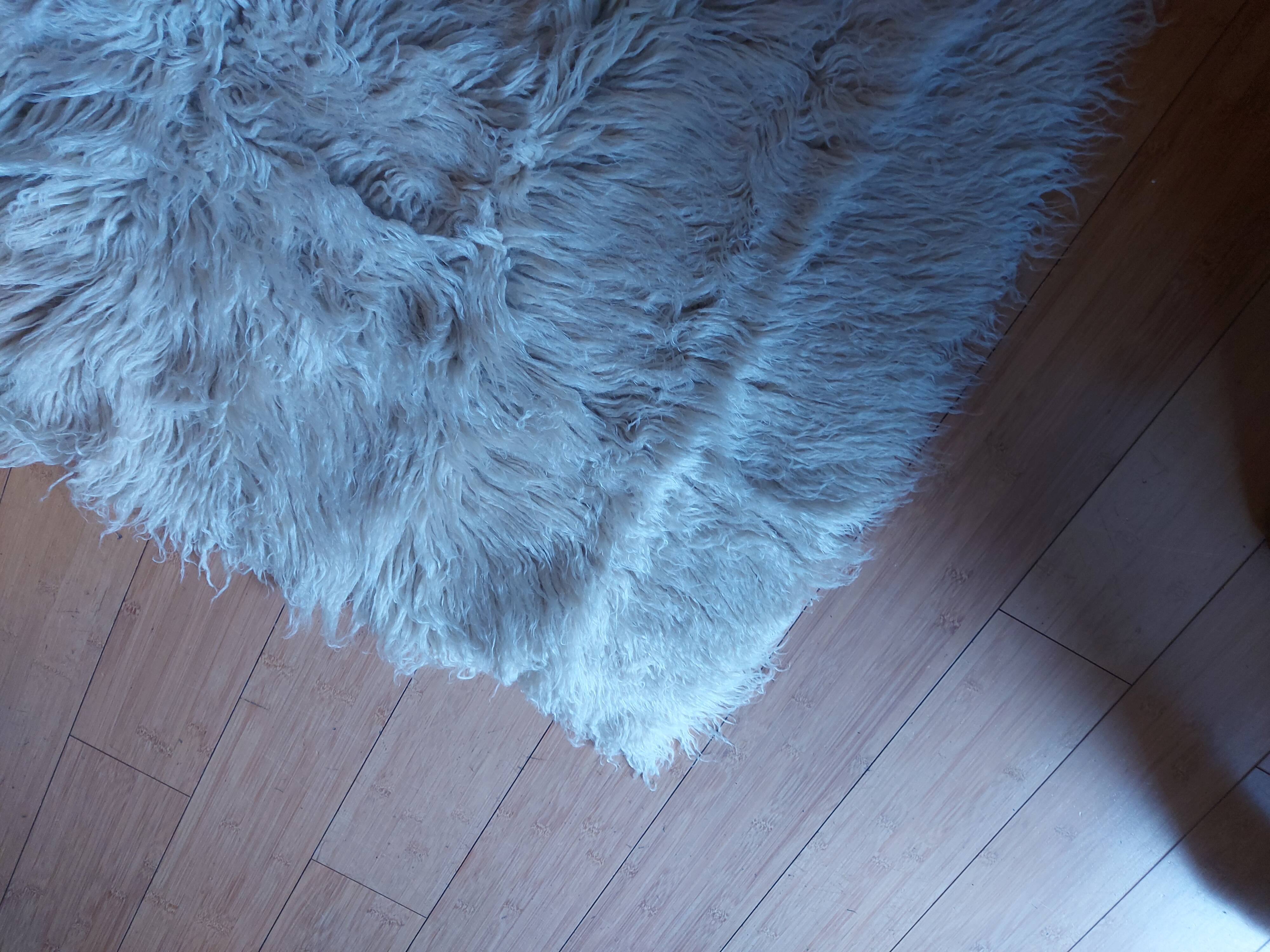 White pure wool long pile rug, vintage