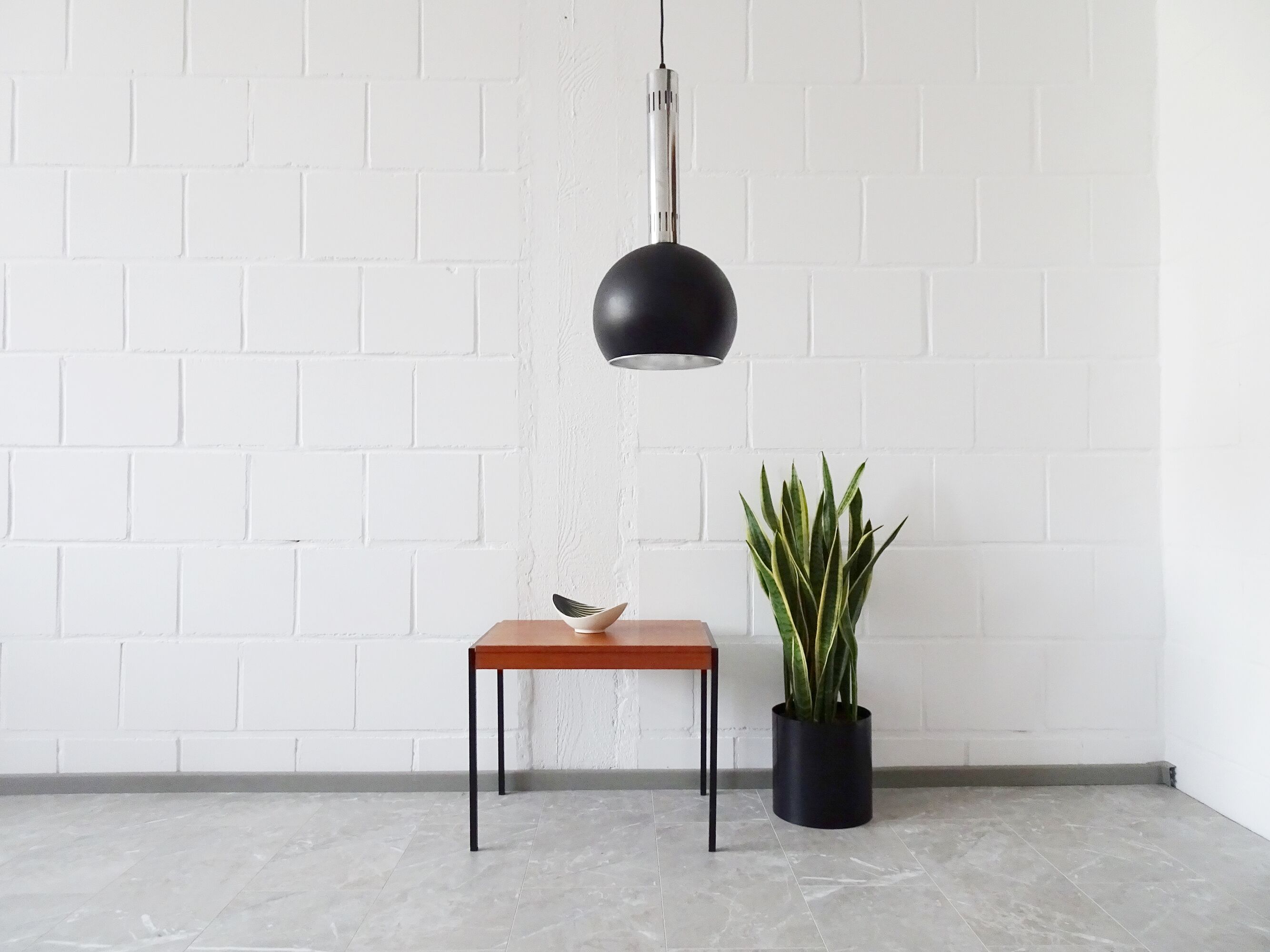 large industrial pendant lamp made of metal and chrome with black shrink lacquer, ball lamp 1960s
