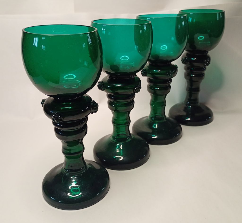 Antique Green Glass Tall Roemer Set of 4