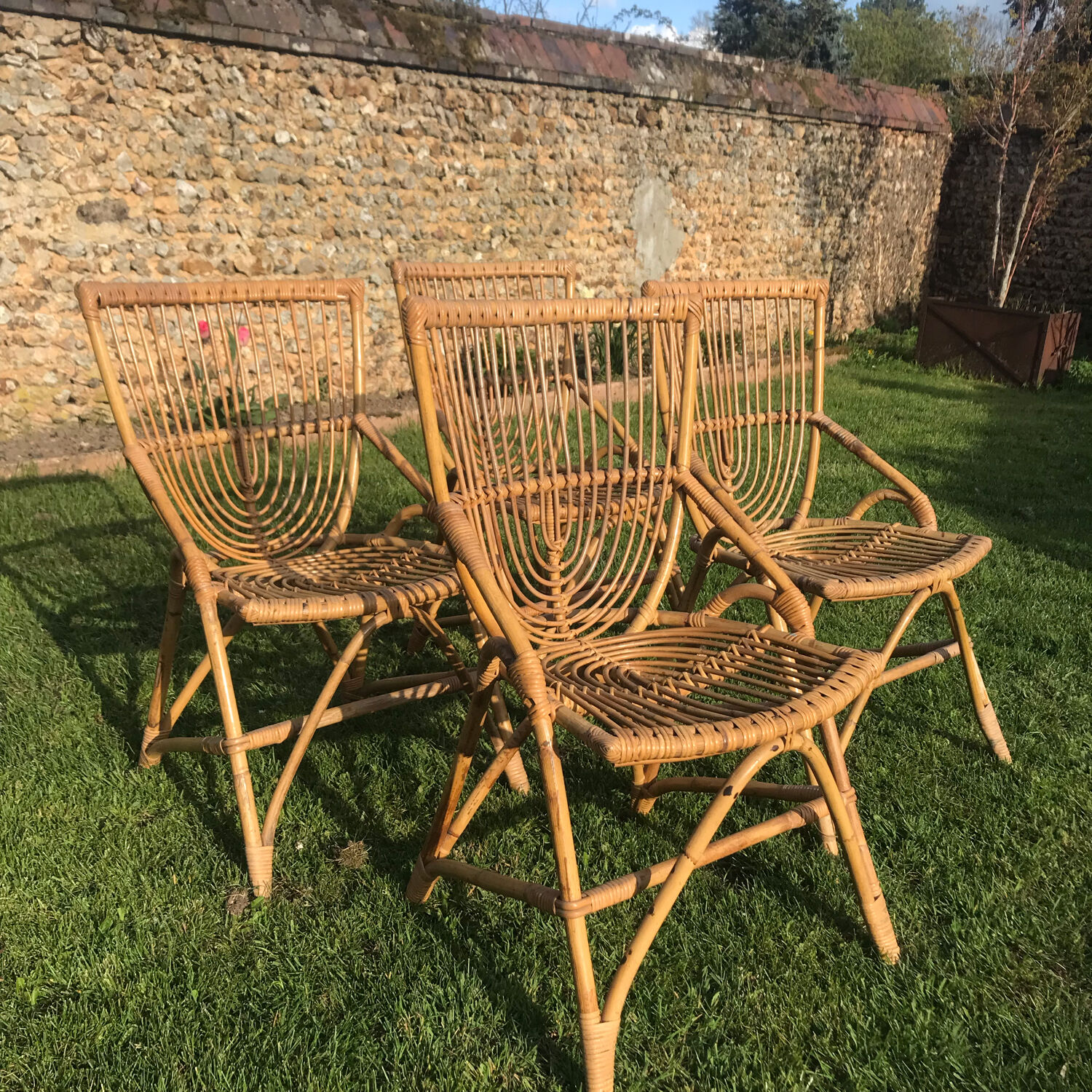 4 vintage rattan chairs 1950