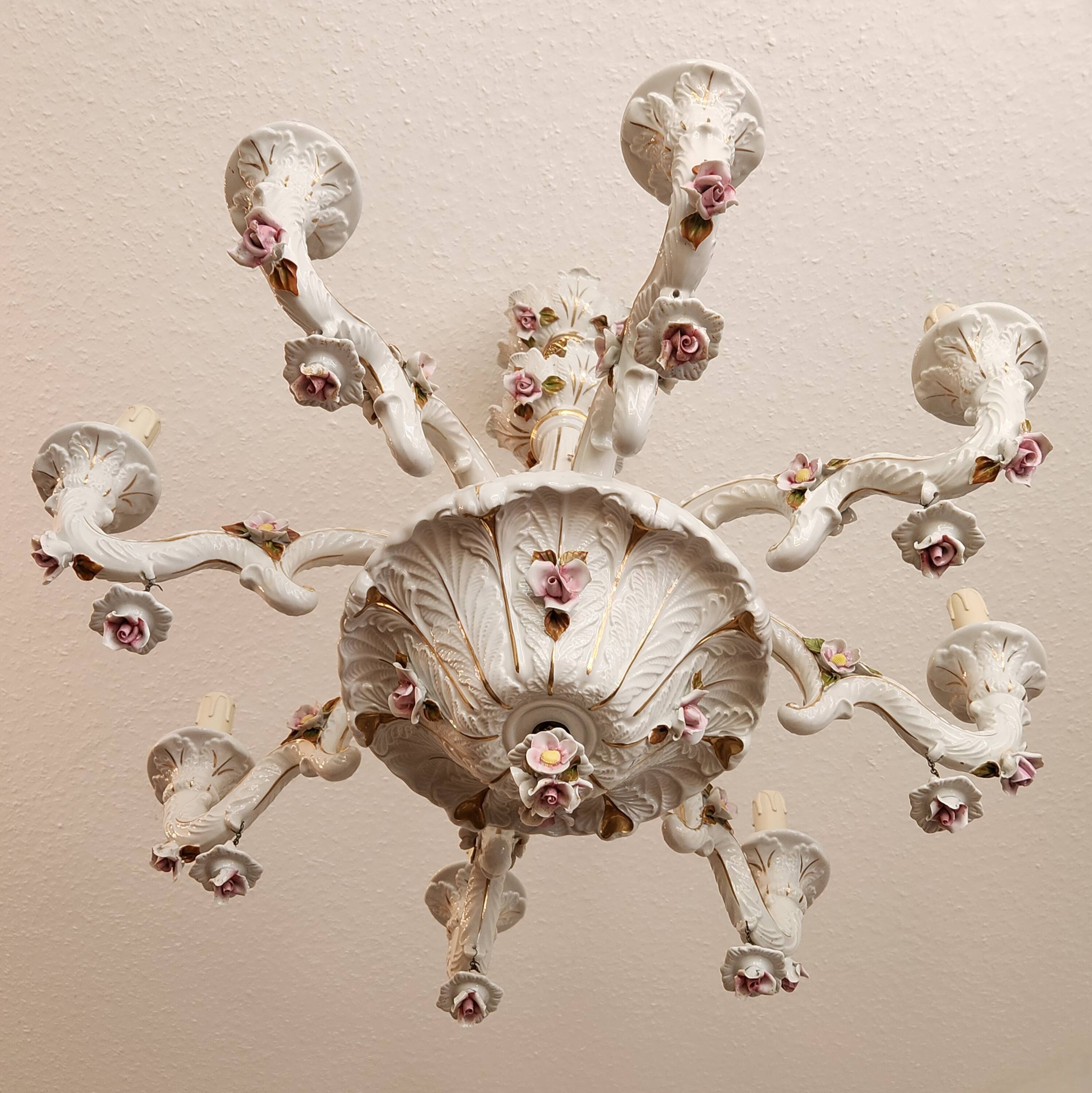 Large hand-painted gilded chandelier mangani ceramiche porcelain