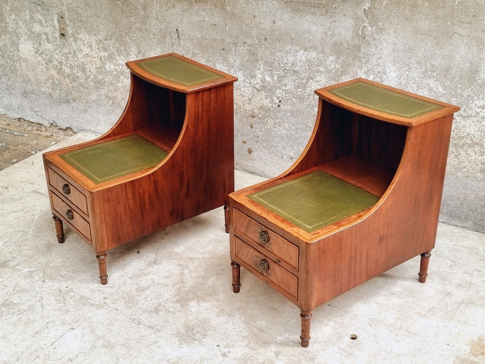 Set of mid century bedside tables with inlaid leather