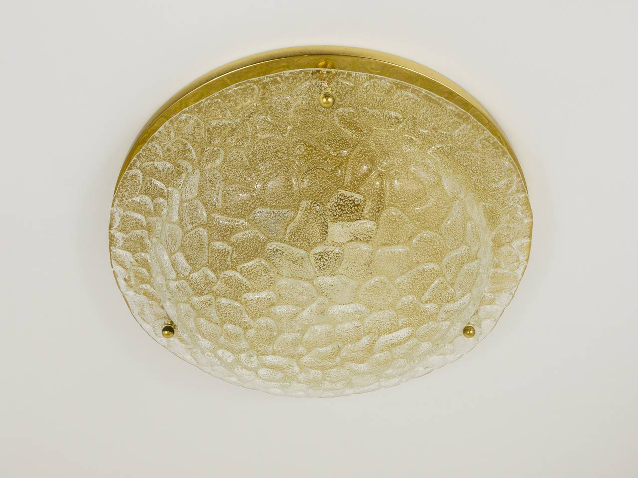 Large Hillebrand ceiling light in textured bubble glass and brass, Germany, 1970s.