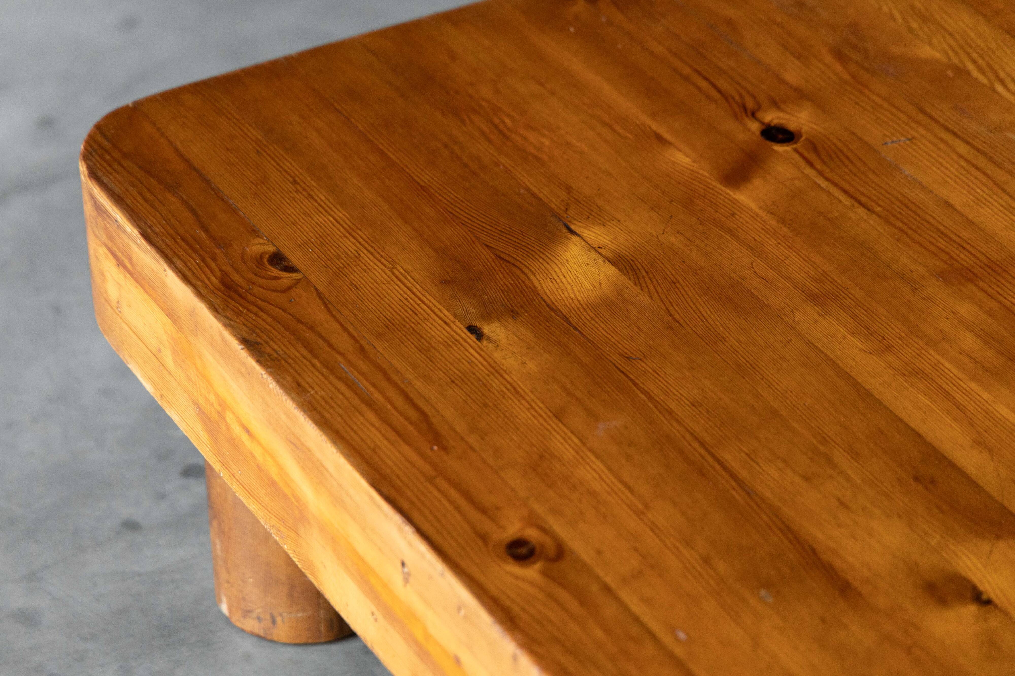 Brutalist pine low coffee table, France, 1960s