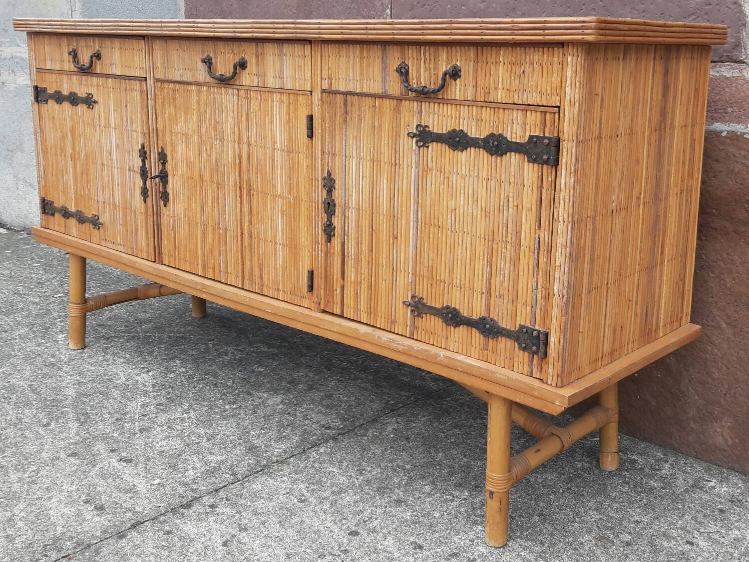 Console table in rattan and bamboo, (Attributed to Audoux-Minet)