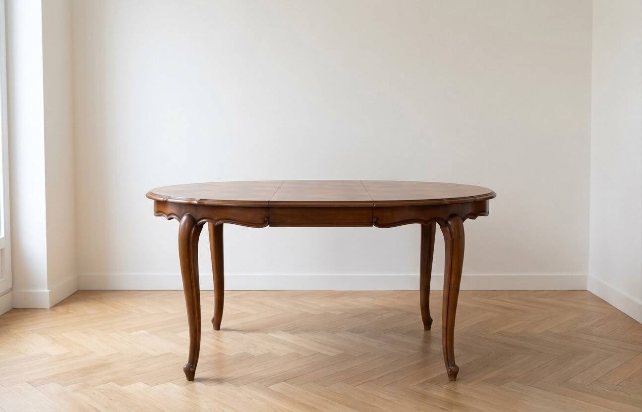 Round extendable dining table in Regency style made of cherry wood.