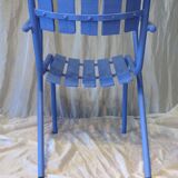 1950s garden armchair in wood and ultramarine blue metal
