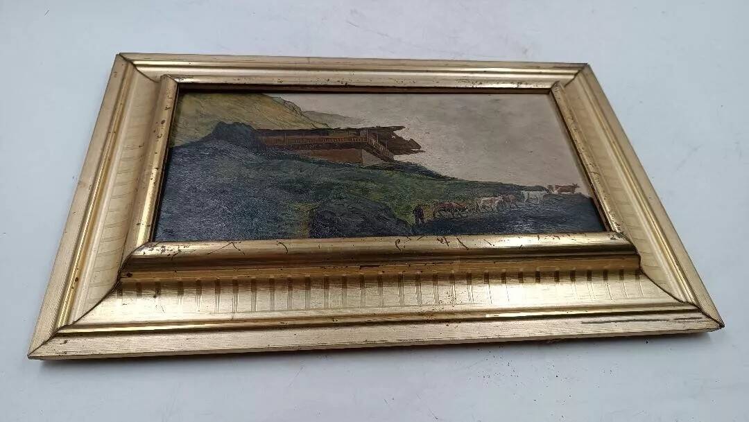 Old oil painting on cardboard mountain landscape late 19th century