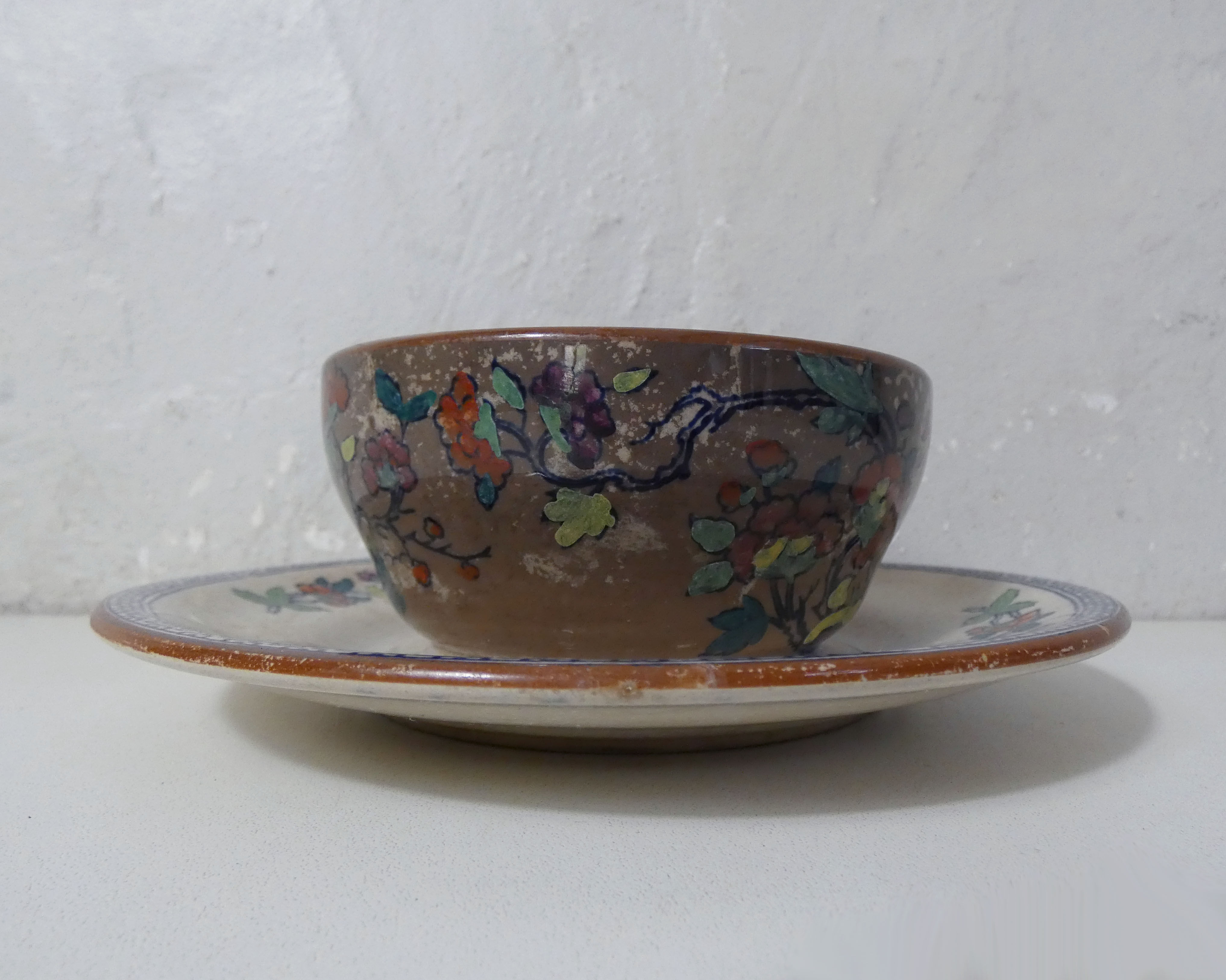 Sarreguemines old bowl with polychrome faience tray model NIPPON