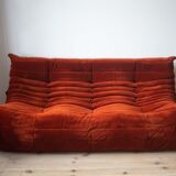 Amber corduroy Togo lounge chair with pouf and three-seat sofa by Michel Ducaroy for Ligne Roset, set of 3