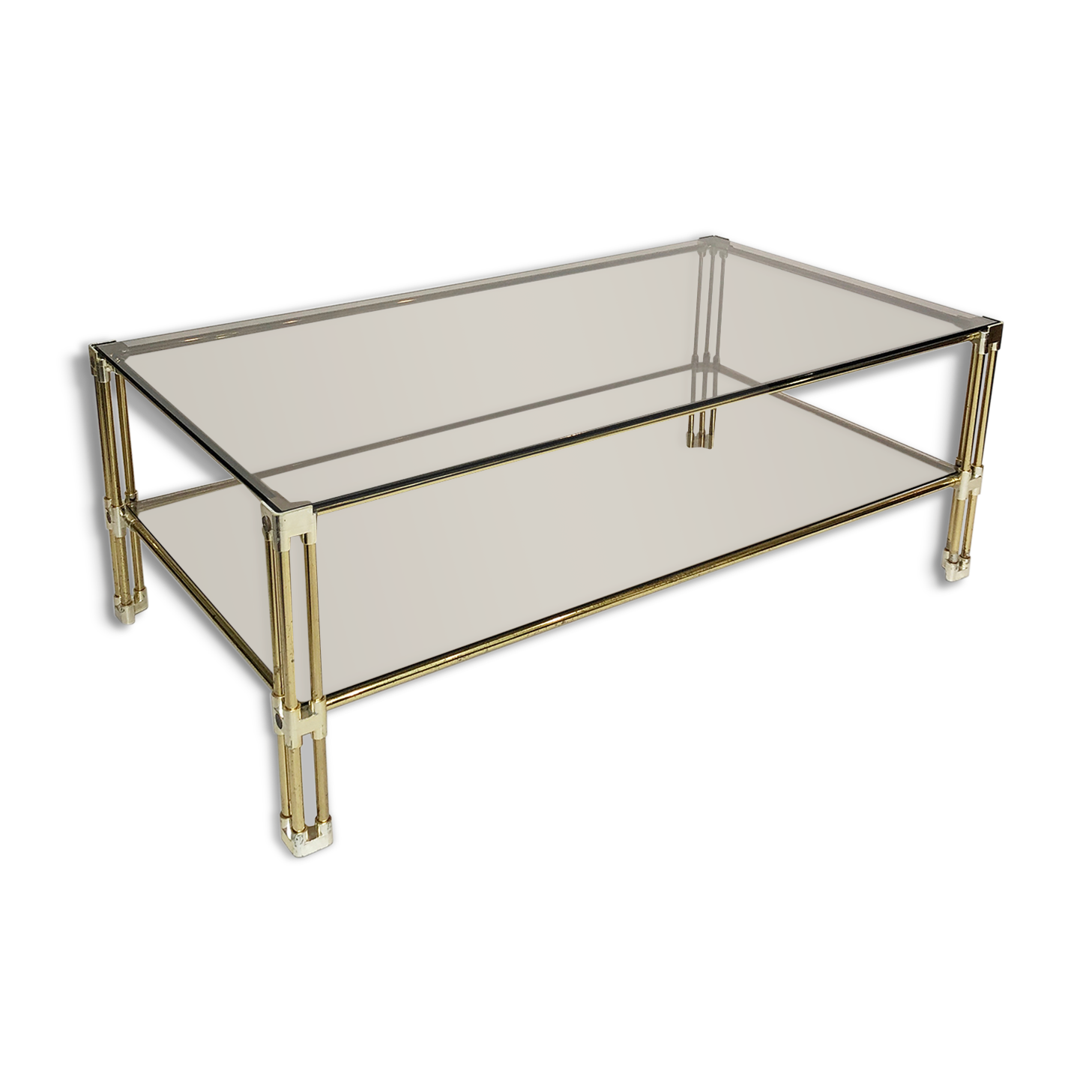 Brass two-tiered coffee table hollywood regency gold smoked glass 1970s
