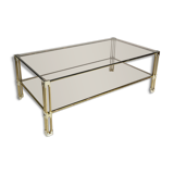 Table basse à deux niveaux en laiton Hollywood Regency Verre fumé en or des années 1970