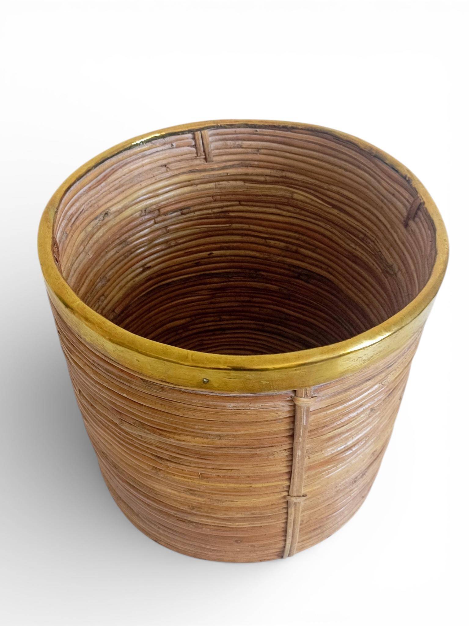 Mid-Century Organic Modern Large Pencil Reed / Rattan Planter with Brass Rim