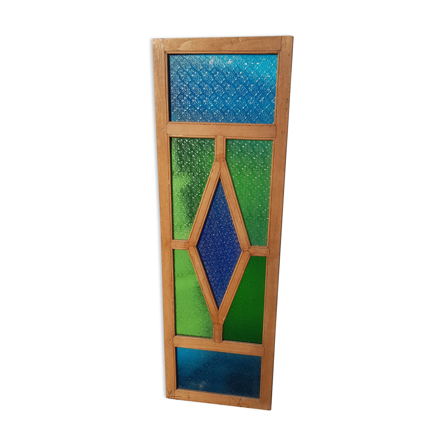 Old teak frame panel/window and 7 colored & embossed glass panels