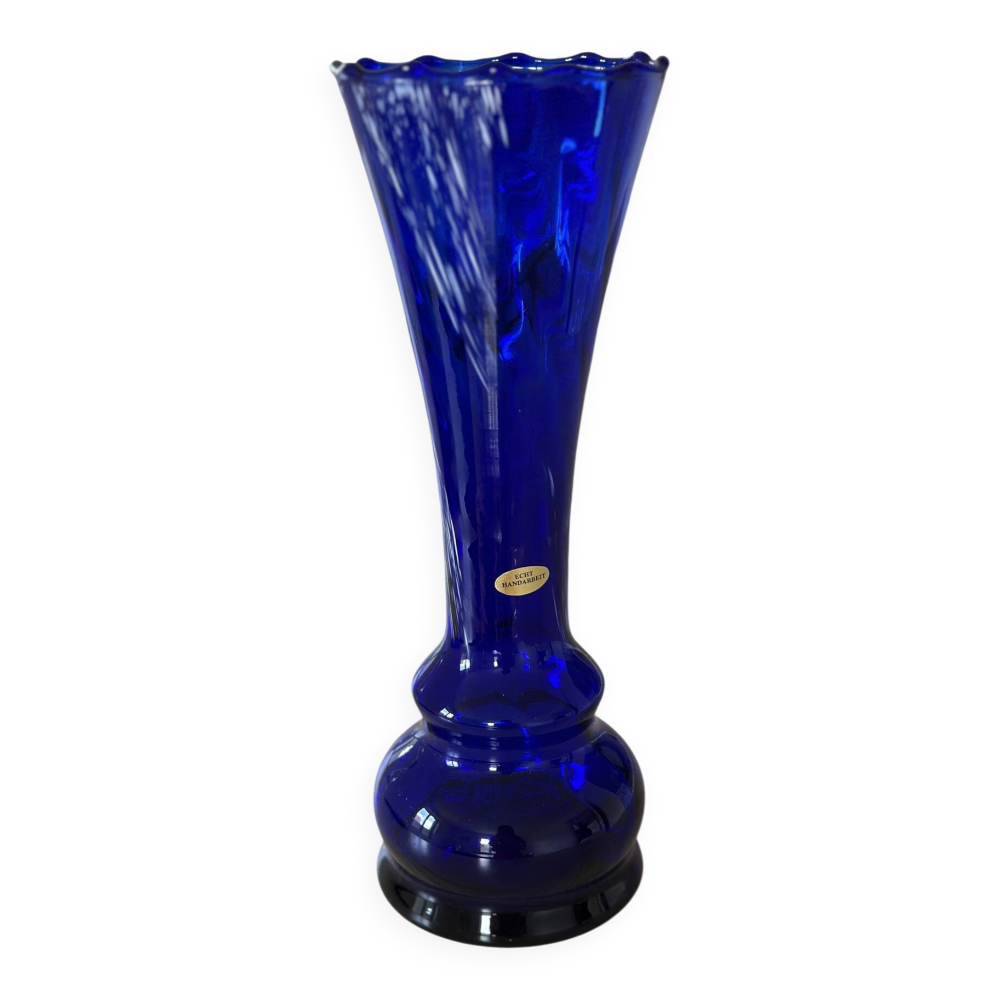Cobalt blue blown glass vintage artisan vase, handmade, German.
