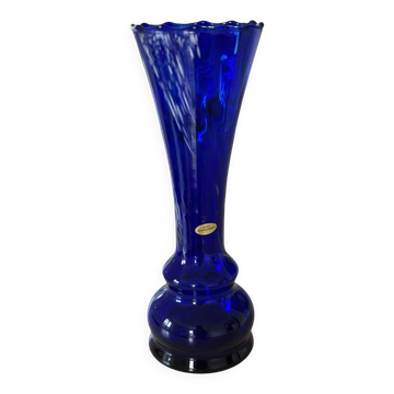 Cobalt blue blown glass vintage artisan vase, handmade, German.