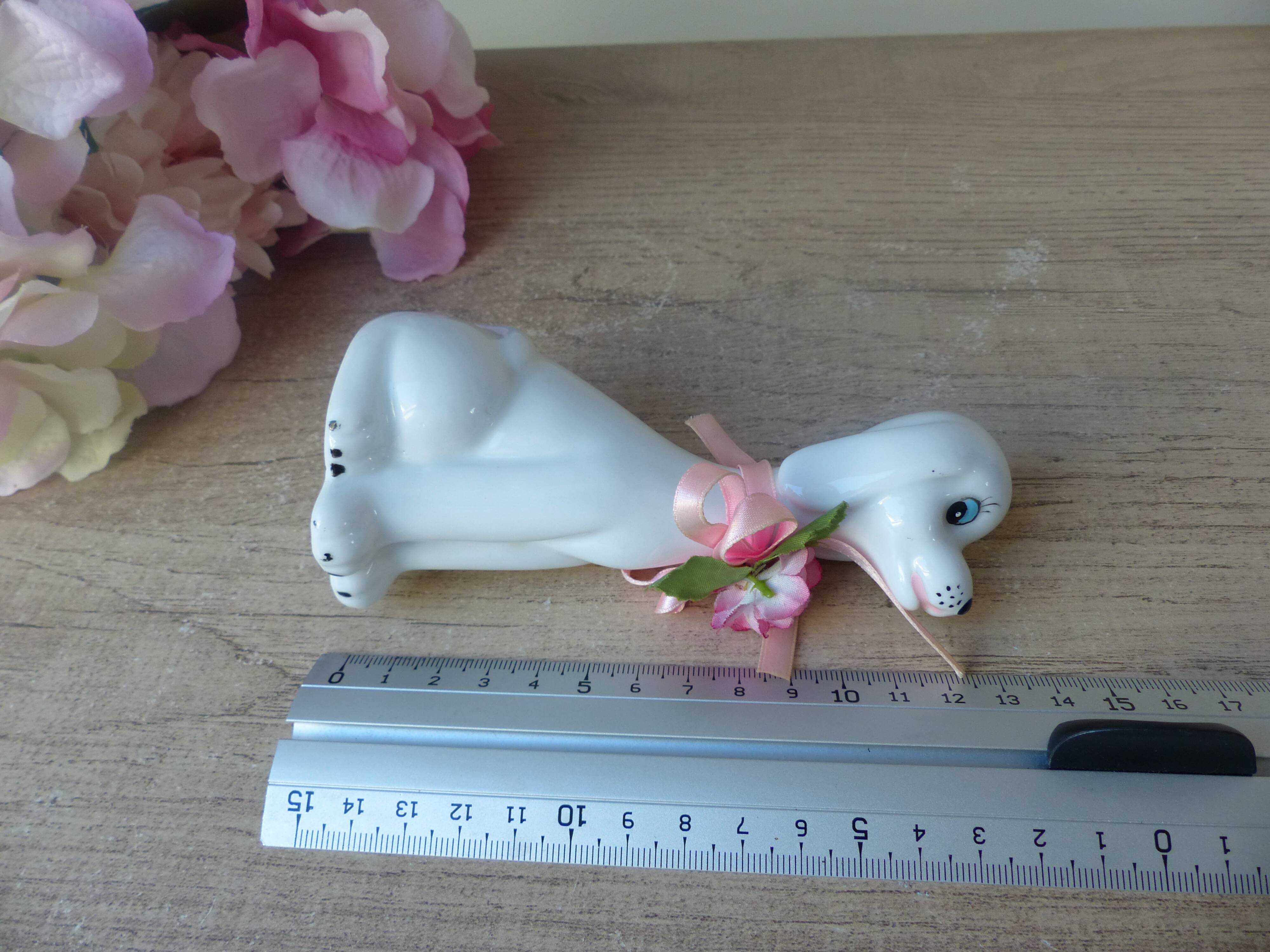 Vintage Small Romantic Ceramic Dog Figurine with Pink Flower Fabric Ribbon