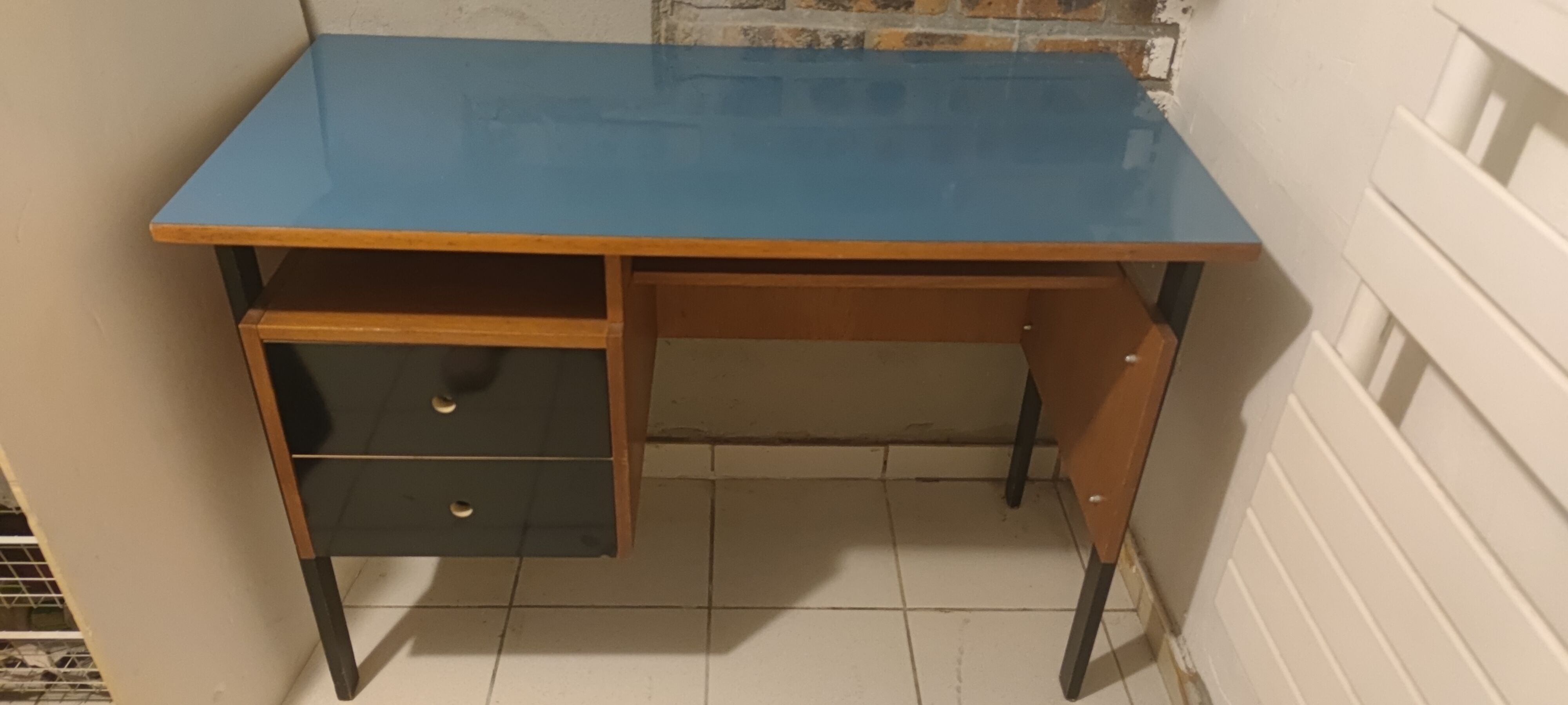 Vintage desk wood 1950s, blue top