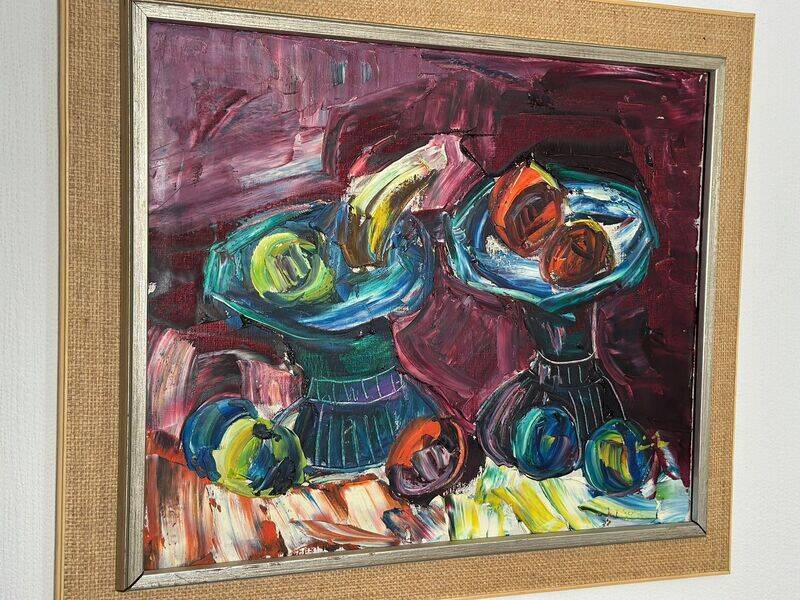 Original mid-century European oil on canvas – “Still Life” by Roy – dated 1969 – vintage & framed – 75 × 64 cm (29.5" × 25.2")