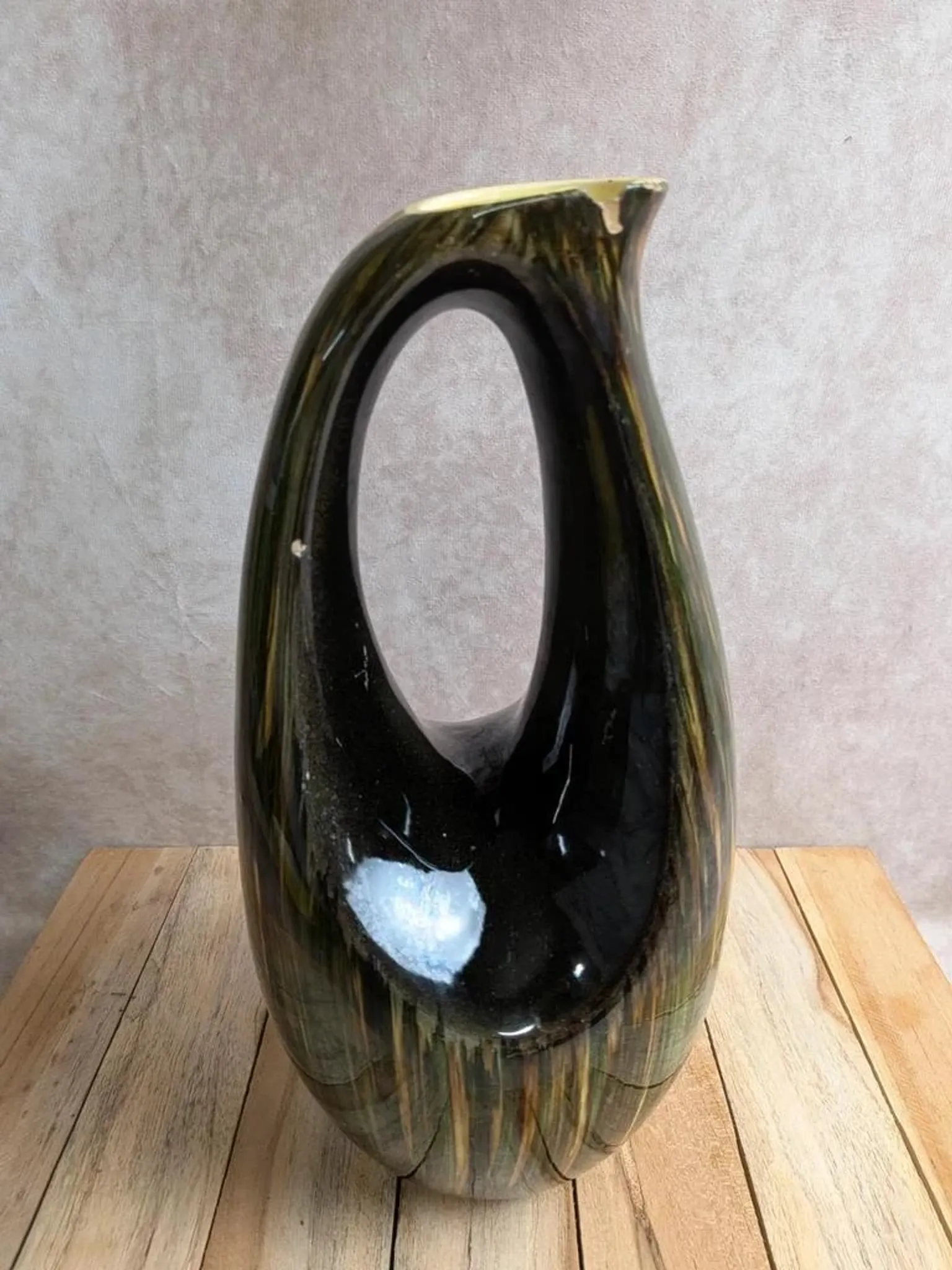 Large Saint-Clément pitcher vase – Green glazed ceramic – Vintage