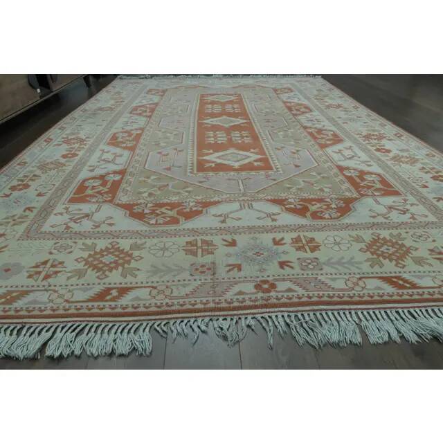 1970s Vintage Turkish Handmade Wool & Cotton Orange Area Rug 254x358