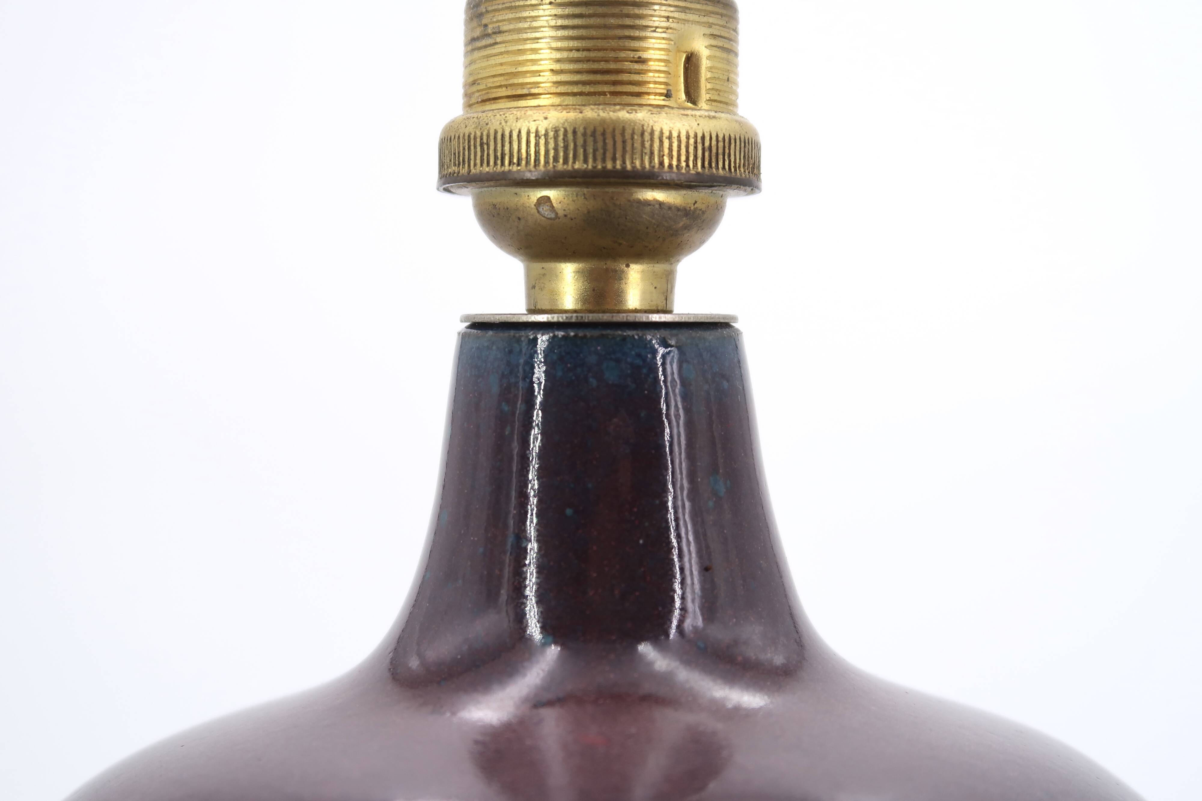 Purple ceramic lamp, silk lampshade, 70s