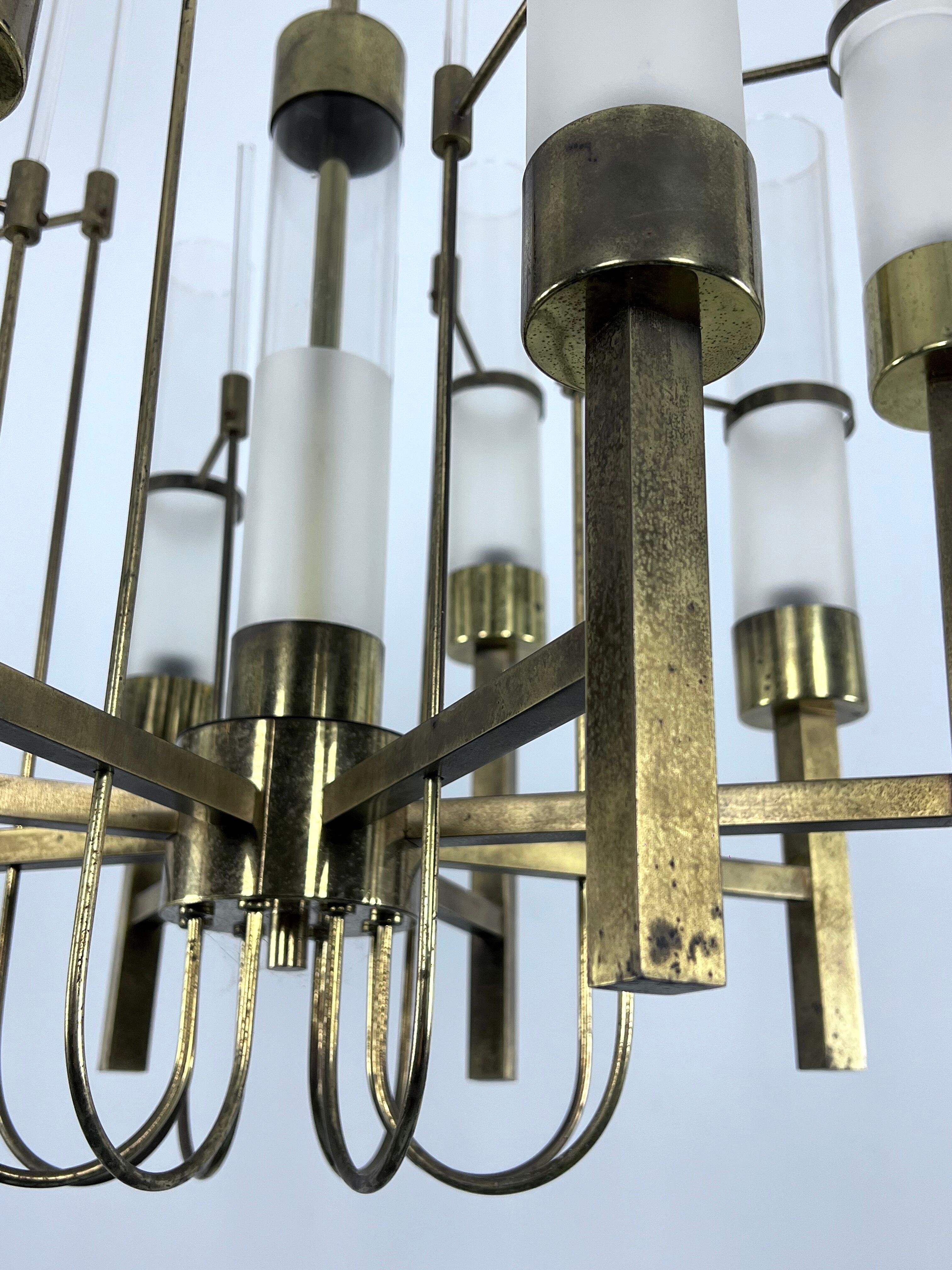 Sciolari, eight arms brass and glass tube chandelier. Italy 1960s