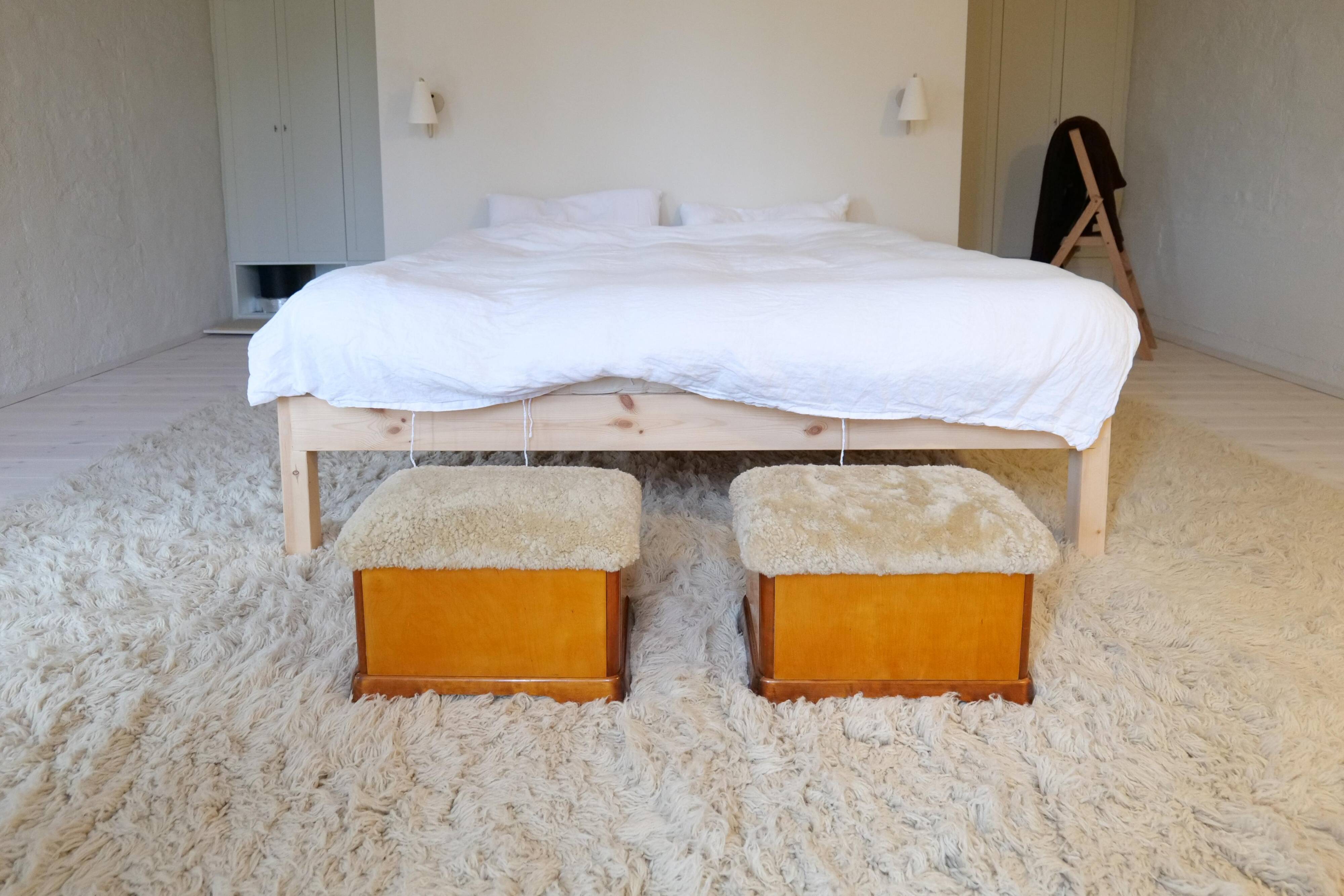 Swedish Art Deco Stools in Lacquered Birch with Sheepskin Seat, 1940s