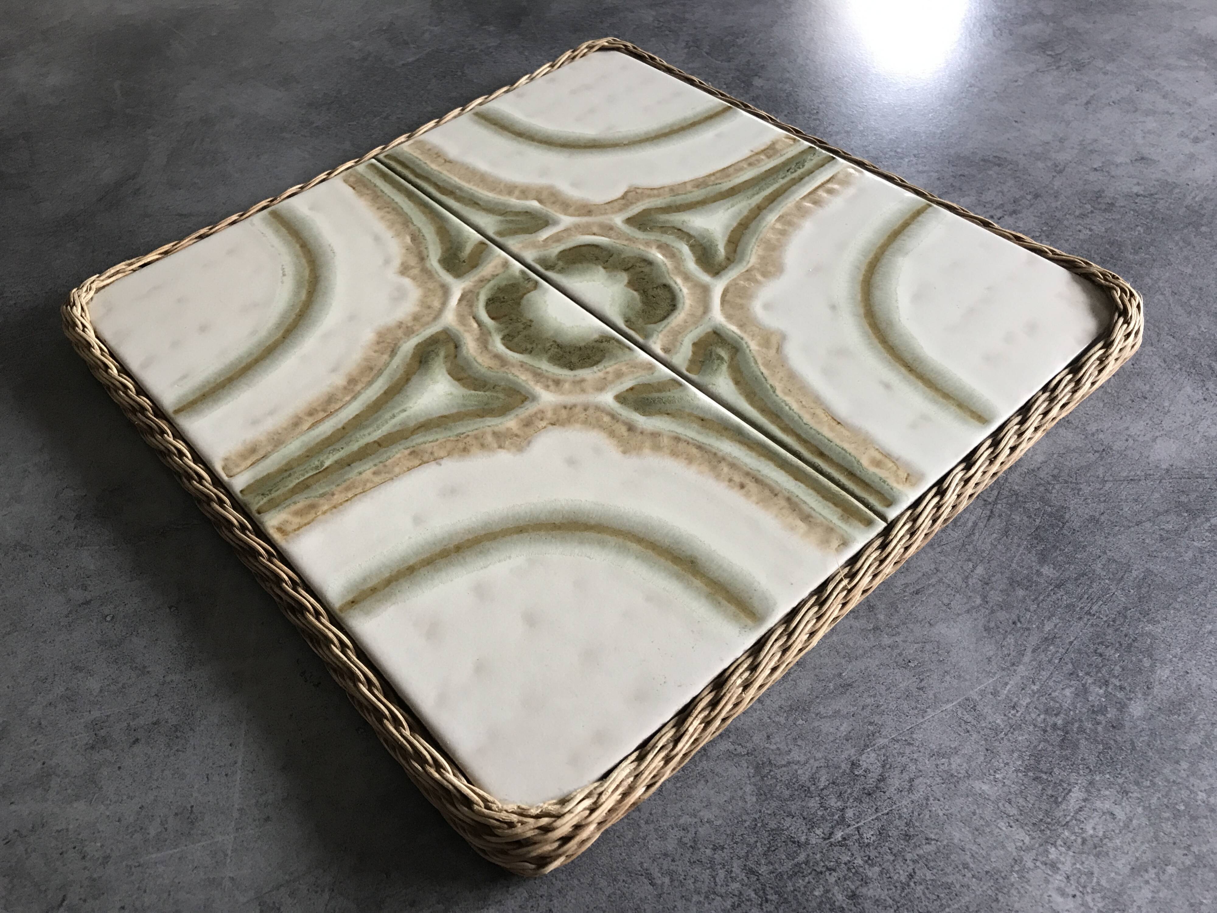 Ceramic tile trivet with vintage pattern woven wicker outline