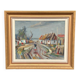 Huile sur toile originale suédoise – « Village » par K.E. Jonsson – Signée et encadrée – 61 × 73 cm (24" × 28,7")