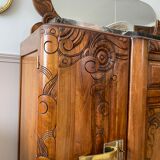 Art Deco black marble sideboard and vintage beveled mirror