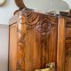 Art Deco black marble sideboard and vintage beveled mirror