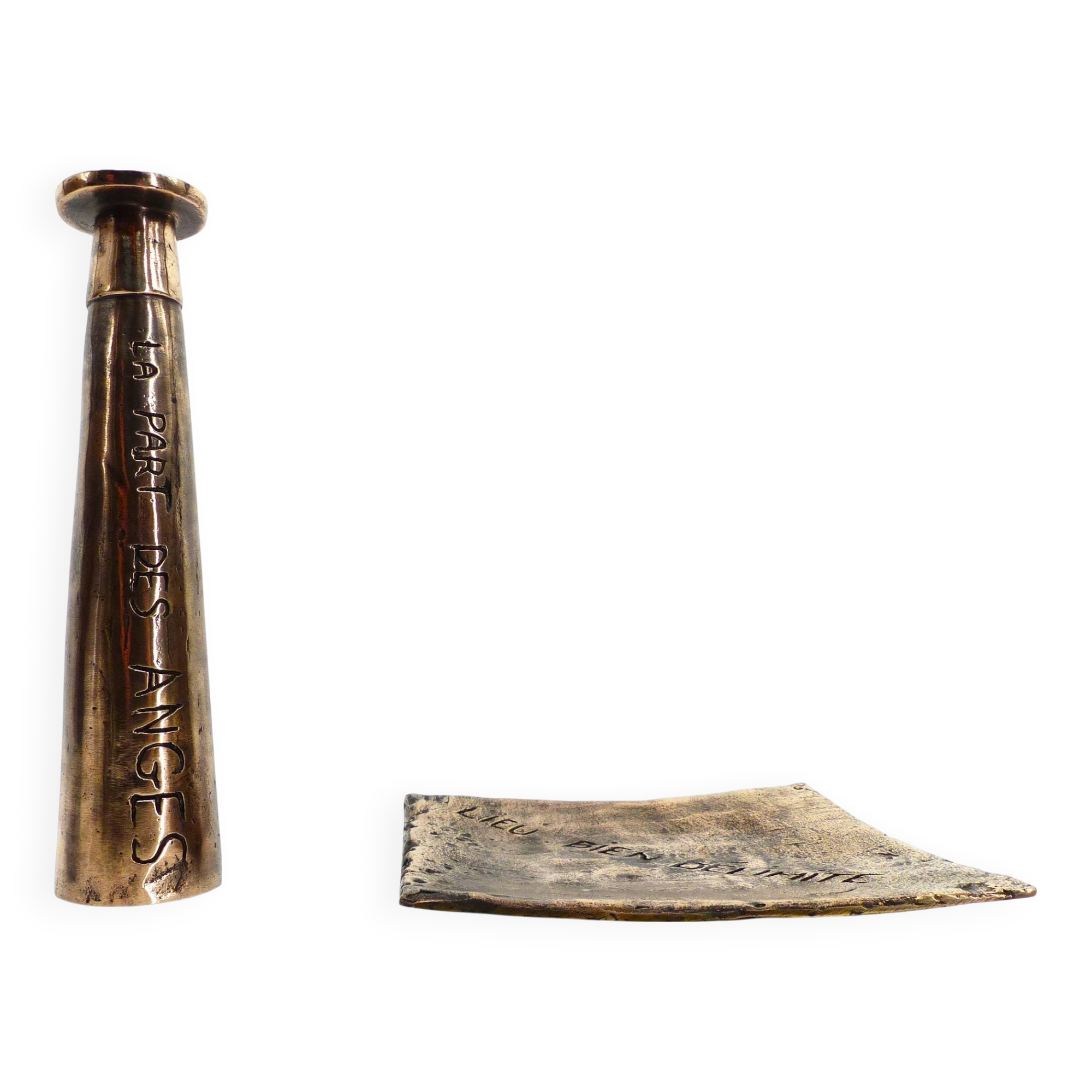 Brutalist bronze ashtray and candle holder set, France, circa 1980