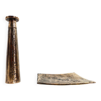 Set coupelle cendrier et bougeoir brutaliste en bronze, France, circa 1980