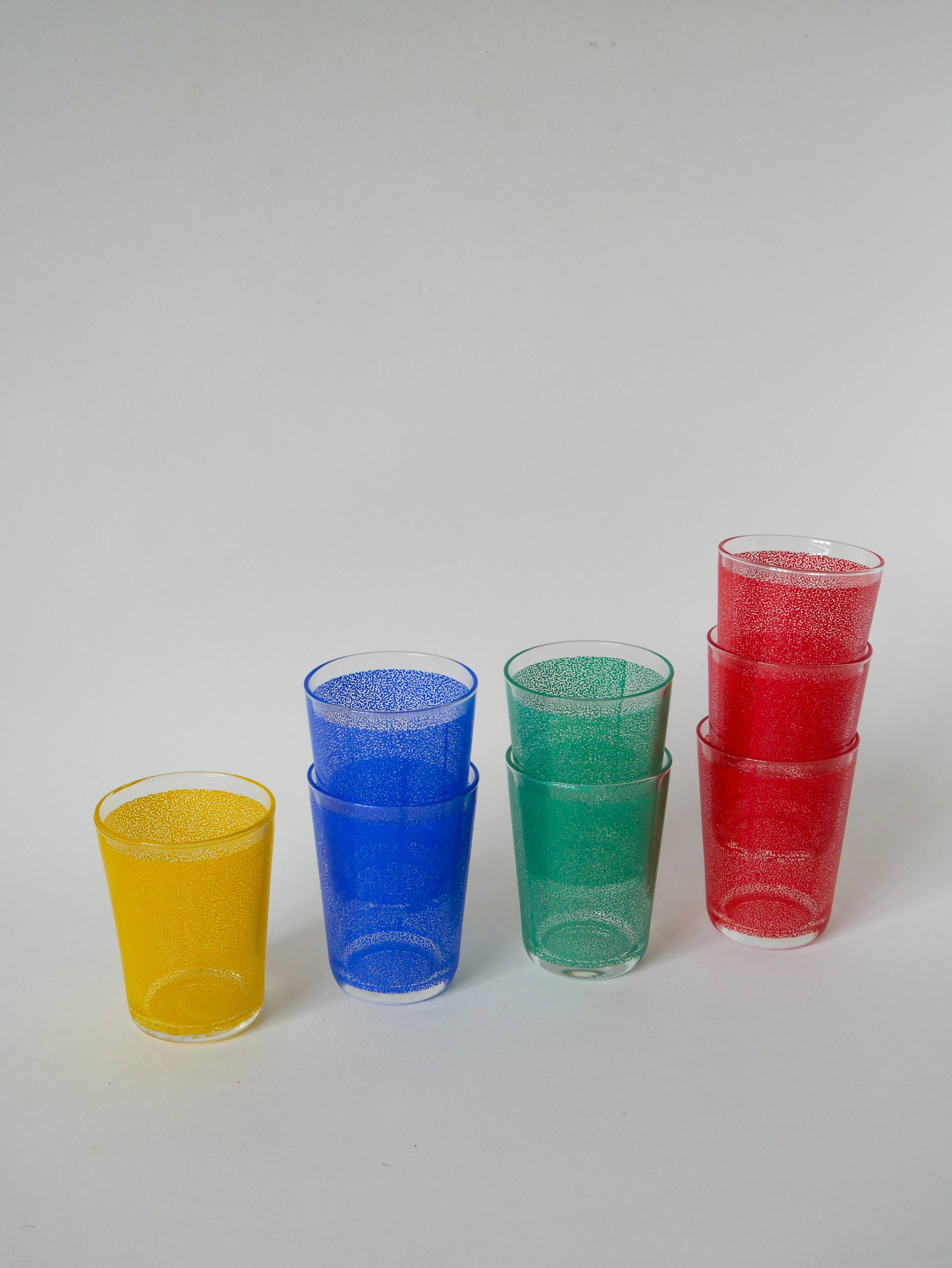 Set of 8 water glasses, red, green, yellow and blue, 1970
