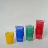 Ensemble de 8 verres à eau, rouge, vert, jaune et bleu, 1970