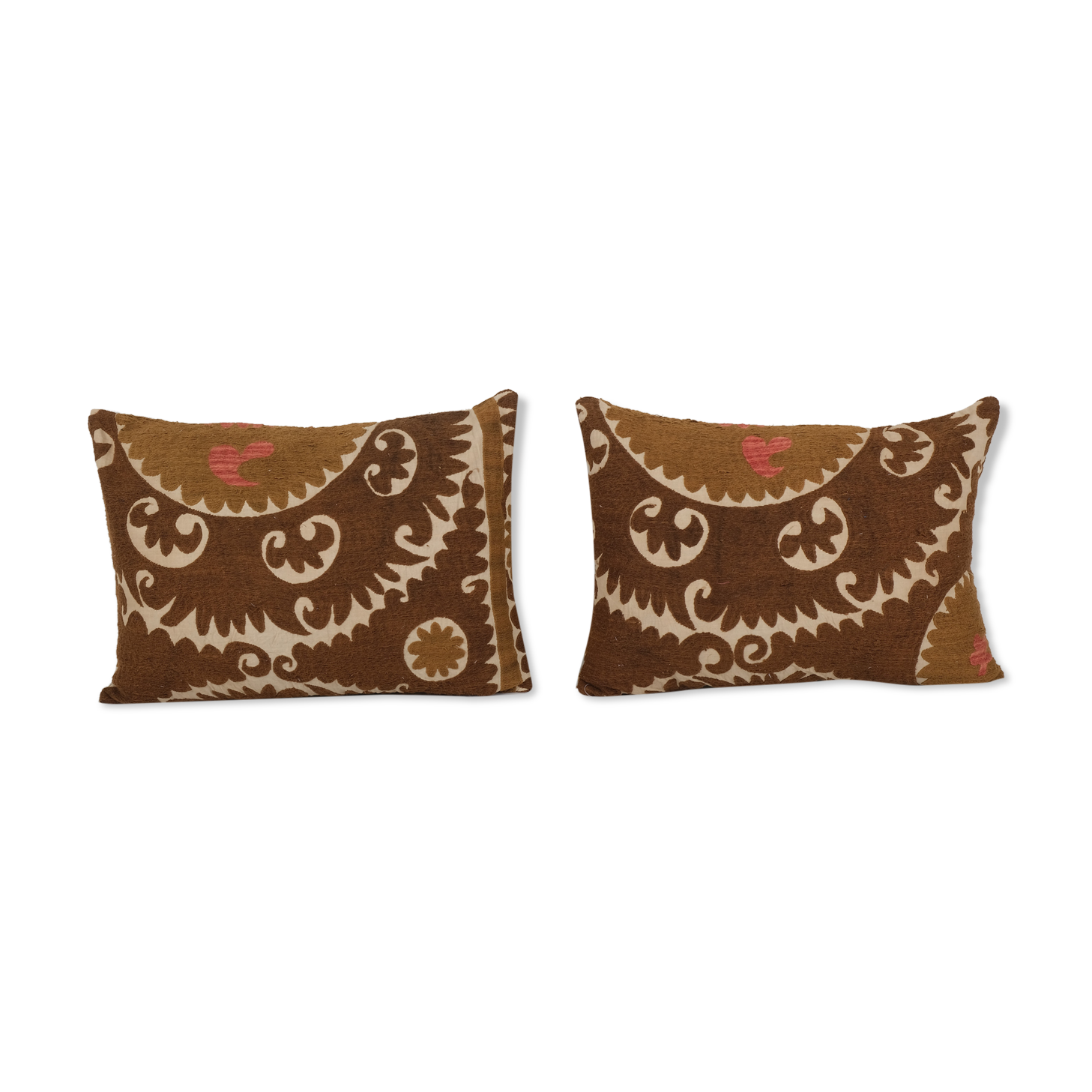 Uzbek faded brown suzani cushion cover, set of two suzani pillow case made from a 19th century suzan