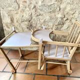 Vintage high chair for children, wood and mauve
