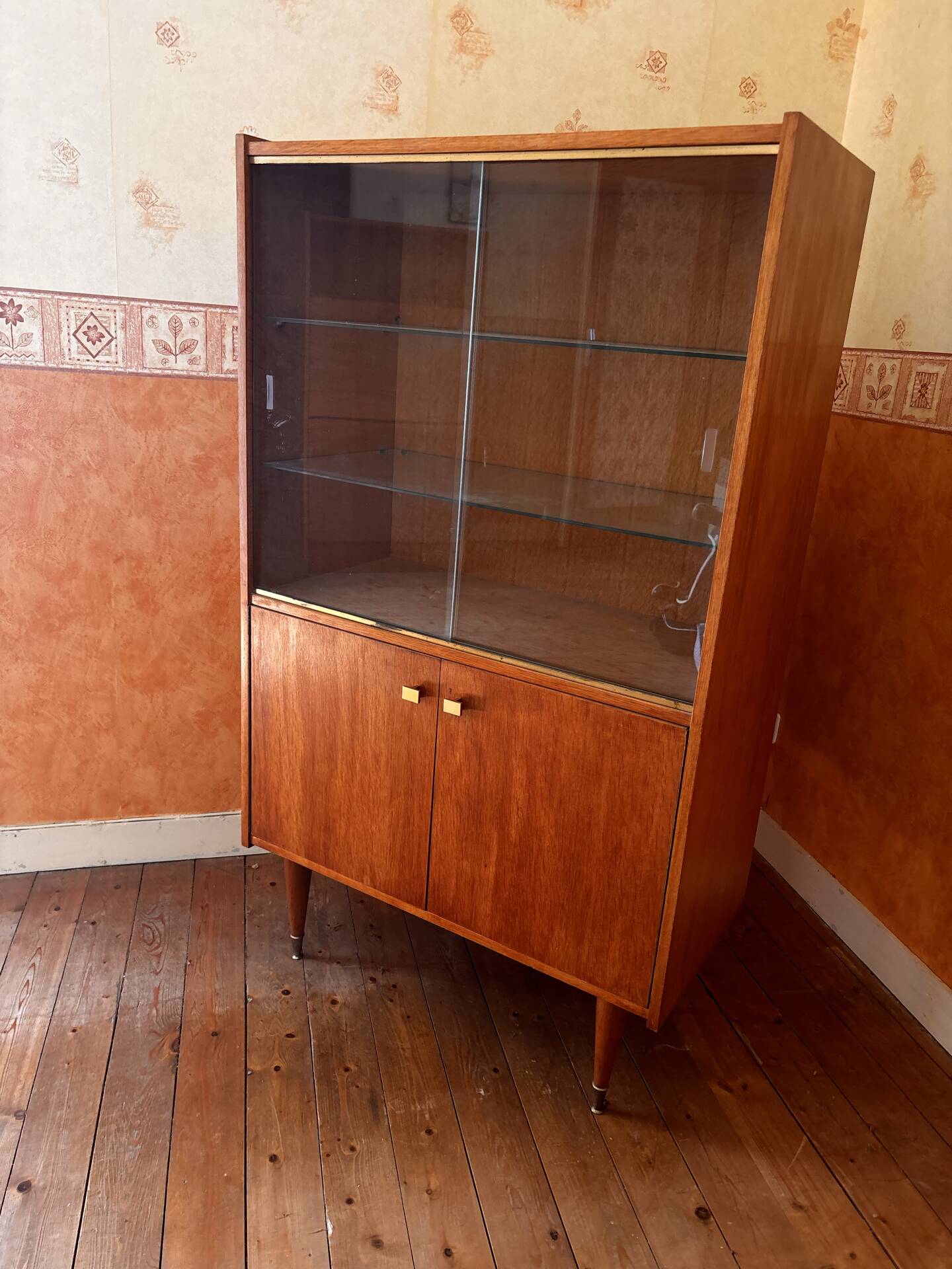 Vintage wooden display cabinet from the 60s-70s – Sliding glass doors
